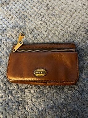 Fossil Brown Leather Zip Wallet with Gold Hardware